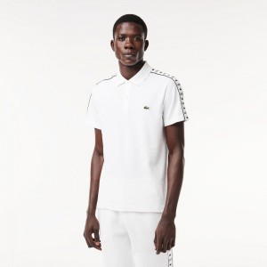 Men's Lacoste Logo Stripe Stretch Piqué Polo Shirts White | RXV463072