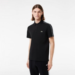 Men's Lacoste Logo Stripe Stretch Piqué Polo Shirts Black | MRL798235