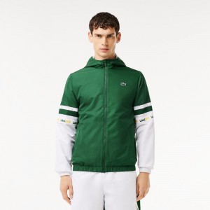 Men's Lacoste Logo Stripe Tennis Jackets Green White | YZD854307