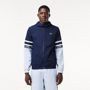 Men's Lacoste Logo Stripe Tennis Jackets Navy Blue Light Blue | EWP421765