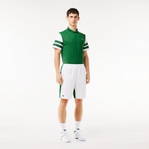 Men's Lacoste Logo Stripe Tennis Shorts White Green | TBW240539