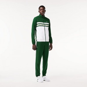 Men's Lacoste Logo Stripe Tennis Tracksuits Green White | KMC209345