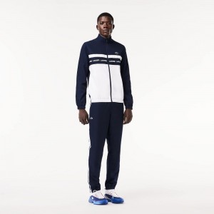 Men's Lacoste Logo Stripe Tennis Tracksuits Navy Blue White | IWX649018