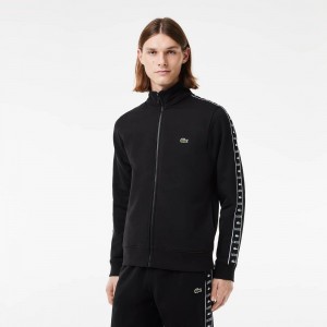 Men's Lacoste Logo Stripe Zip-Up Sweatshirt Black | RGS297514