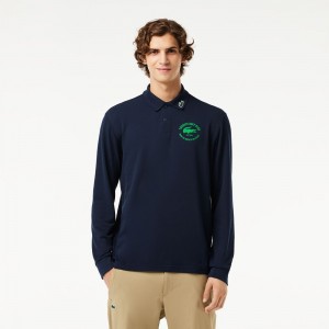 Men's Lacoste Long Sleeve Anti-UV Golf Polo Shirts Navy Blue | OMJ138957