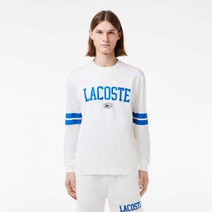 Men's Lacoste Long Sleeve Brand Print T-Shirt White Blue | ILZ257134