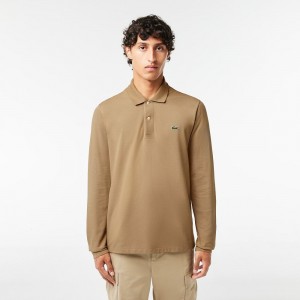 Men's Lacoste Long Sleeve Cotton Polo Shirts Beige | KBI841765