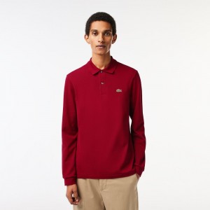 Men's Lacoste Long Sleeve Cotton Polo Shirts Bordeaux | ARX625814