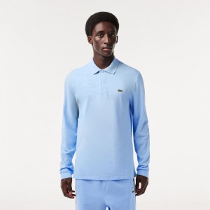 Men's Lacoste Long Sleeve Cotton Polo Shirts Pastel blue | VNY478512