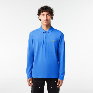 Men's Lacoste Long Sleeve Cotton Polo Shirts Blue | YRG140726