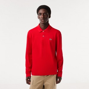 Men's Lacoste Long Sleeve Cotton Polo Shirts Red | EMD584396