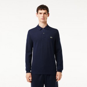 Men's Lacoste Long Sleeve Cotton Polo Shirts Navy Blue | GAO830457