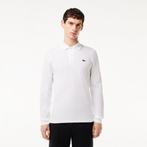 Men's Lacoste Long Sleeve Cotton Polo Shirts White | IAG435068