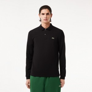 Men's Lacoste Long Sleeve Cotton Polo Shirts Black | RIB431056