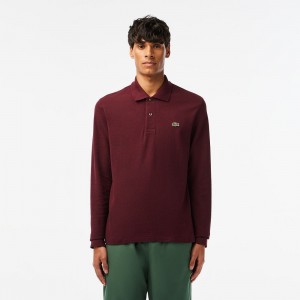 Men's Lacoste Long Sleeve Heathered Cotton Polo Shirts Dark Bordeaux | HUF684752