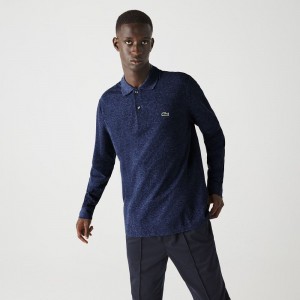 Men's Lacoste Long Sleeve Heathered Cotton Polo Shirts Blue Chine | YNG296570