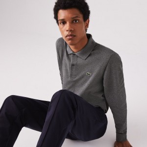 Men's Lacoste Long Sleeve Heathered Cotton Polo Shirts Dark Grey | UYE682104