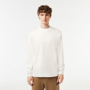 Men's Lacoste Long Sleeve Loose Fit Cotton T-Shirt White | OIG267180