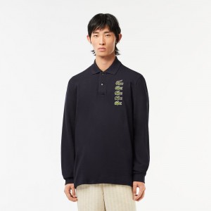 Men's Lacoste Long Sleeve Original L.12.12 Multi Badge Polo Shirts Abysm blue | DTF057139