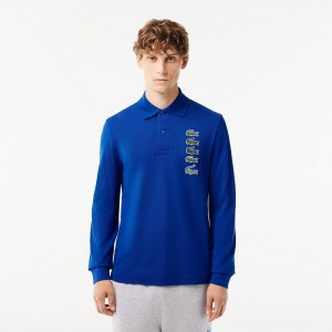 Men's Lacoste Long Sleeve Original L.12.12 Multi Badge Polo Shirts Gentian blue | DNY916057