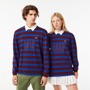 Men's Lacoste Long Sleeve Striped Rugby Shirt Bordeaux Blue | QOW957816