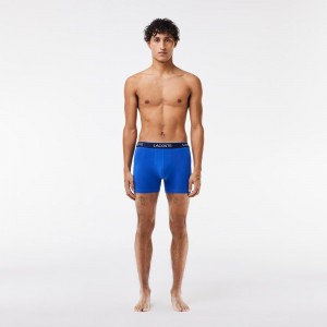 Men's Lacoste Long Stretch Cotton 3-Pack Boxer Briefs Blue Pink Yellow | QWH184367