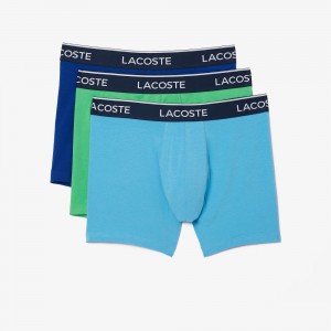 Men's Lacoste Long Stretch Cotton 3-Pack Boxer Briefs Green Navy Blue Blue | LBT165249