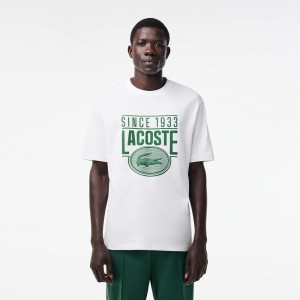 Men's Lacoste Loose Fit Cotton Jersey Print T-Shirt White | MOZ264387