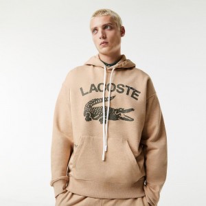 Men's Lacoste Loose Fit Crocodile Hoodie Beige | YQD023748