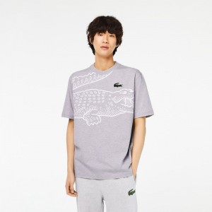 Men's Lacoste Loose Fit Crocodile Print Crew Neck T-Shirt Grey Chine | YCM527014