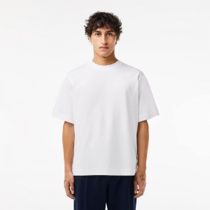 Men's Lacoste Loose Fit Heavy Cotton Embroidered T-Shirt White | HVB537204