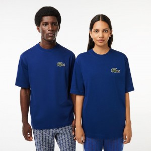 Men's Lacoste Loose Fit Large Croc Organic Heavy Cotton T-Shirt Methylene blue | NMA964013