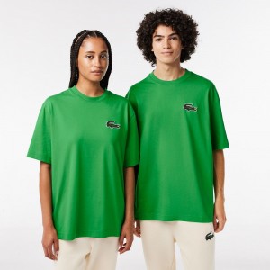 Men's Lacoste Loose Fit Large Croc Organic Heavy Cotton T-Shirt Green | WNC019674