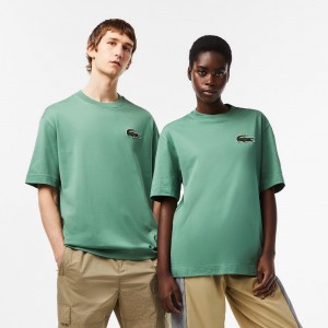 Men's Lacoste Loose Fit Large Croc Organic Heavy Cotton T-Shirt Khaki Green | SXA950482