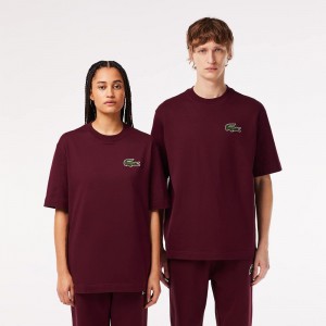 Men's Lacoste Loose Fit Large Croc Organic Heavy Cotton T-Shirt Bordeaux | VNX879403