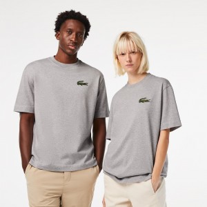 Men's Lacoste Loose Fit Large Croc Organic Heavy Cotton T-Shirt Grey Chine | LMA038619