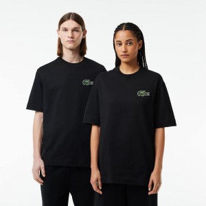 Men's Lacoste Loose Fit Large Croc Organic Heavy Cotton T-Shirt Black | MPH503189