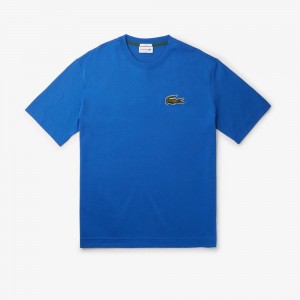 Men's Lacoste Loose Fit Large Croc Organic Heavy Cotton T-Shirt Ladigue blue | FAE185490