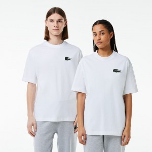 Men's Lacoste Loose Fit Large Croc Organic Heavy Cotton T-Shirt White | WOE078695