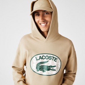 Men's Lacoste Loose Fit Monogram Hoodie Beige | TRQ534768