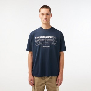 Men's Lacoste Loose Fit Organic Cotton Piqué T-Shirt Blue | LFJ796510