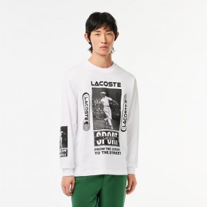 Men's Lacoste Loose Fit René Lacoste Print T-Shirt White Black | TSI243569