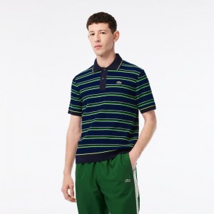 Men's Lacoste Made In France Organic Cotton Striped Polo Sweater Blue Black White | MOC293084