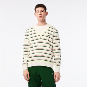 Men's Lacoste Made In France Striped V-Neck Sweater White | CIQ948123