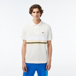 Men's Lacoste Made in France Contrast Stripe Polo Shirts White | DKZ018396