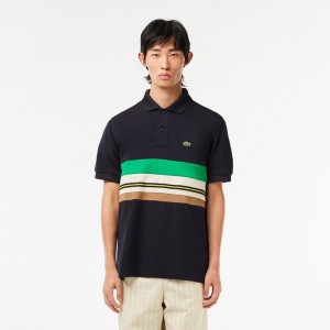 Men's Lacoste Made in France Contrast Stripe Polo Shirts Abysm blue | FHN140853