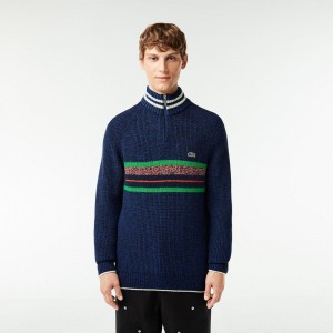 Men's Lacoste Made in France High-Neck Wool Sweater Navy Blue Blue White | ZTM738942