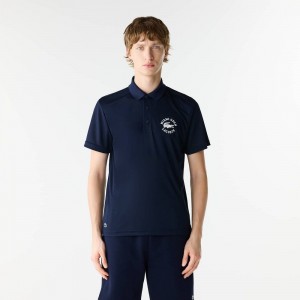 Men's Lacoste Miami Open Edition Ultra-Dry Piqué Polo Shirts Navy Blue | BTS659217