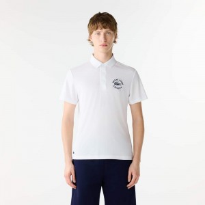 Men's Lacoste Miami Open Edition Ultra-Dry Piqué Polo Shirts White | OYC348196