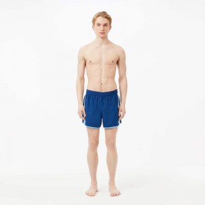 Men's Lacoste Mid Length Colorblock Striped Swim Trunks Blue White | ALZ976314